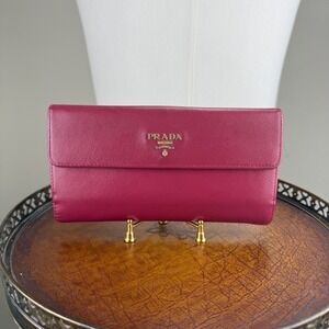 Prada Saffiano Leather Flap Wallet‎ Bifold Card Holder Raspberry Pink Pre Owned